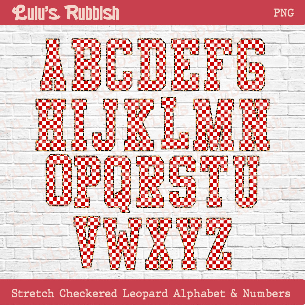 Red & White Stretch Checkered Leopard Border Alphabet PNG | Printable Letters Digital Download