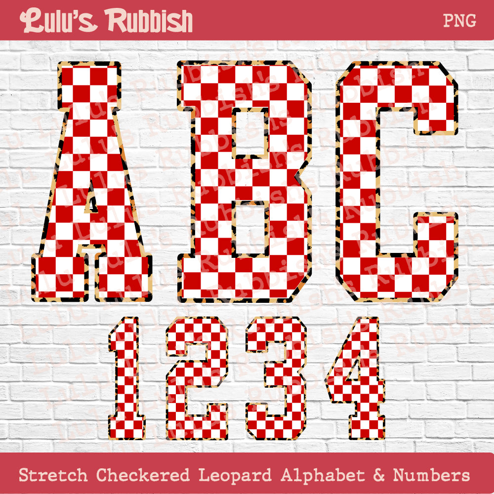 Red & White Stretch Checkered Leopard Border Alphabet PNG | Printable Letters Digital Download