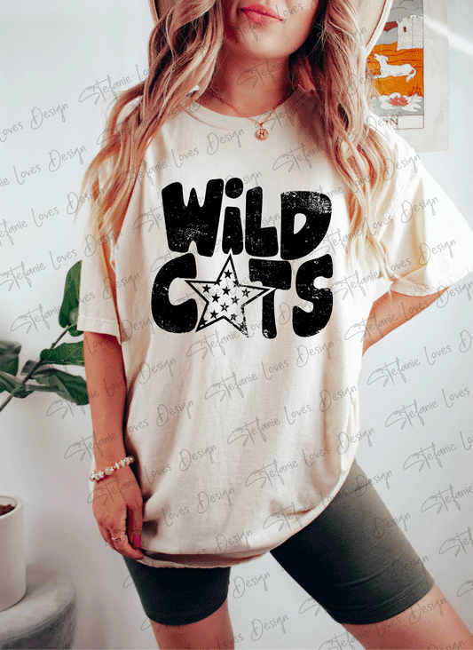 Wildcats Distressed Star PNG, Wildcats png, Retro Letter Digital Design, Black