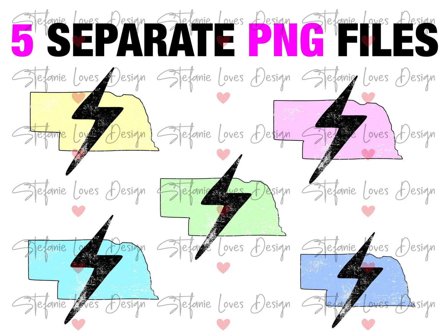 Nebraska Pastel Distressed Lightning Bolt PNG, Lightning Bolt png, Nebraska, 5 different colors