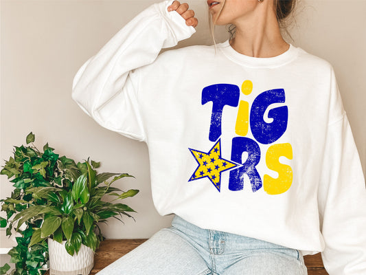 Tigers Distressed Star PNG, Tigers png, Retro Letter Digital Design, Tigers Blue and Yellow Mascot
