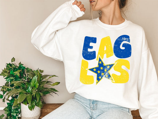 Eagles Distressed Star PNG, Eagles png, Retro Letter Digital Design Blue & Yellow