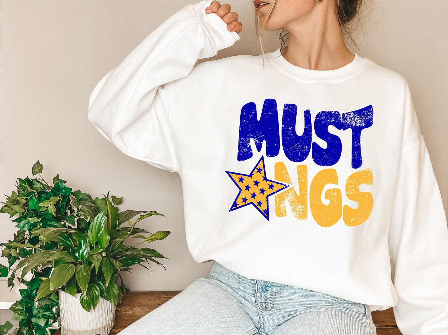 Mustangs Distressed Star PNG, Mustangs png, Retro Letter Digital Design royal and yellow