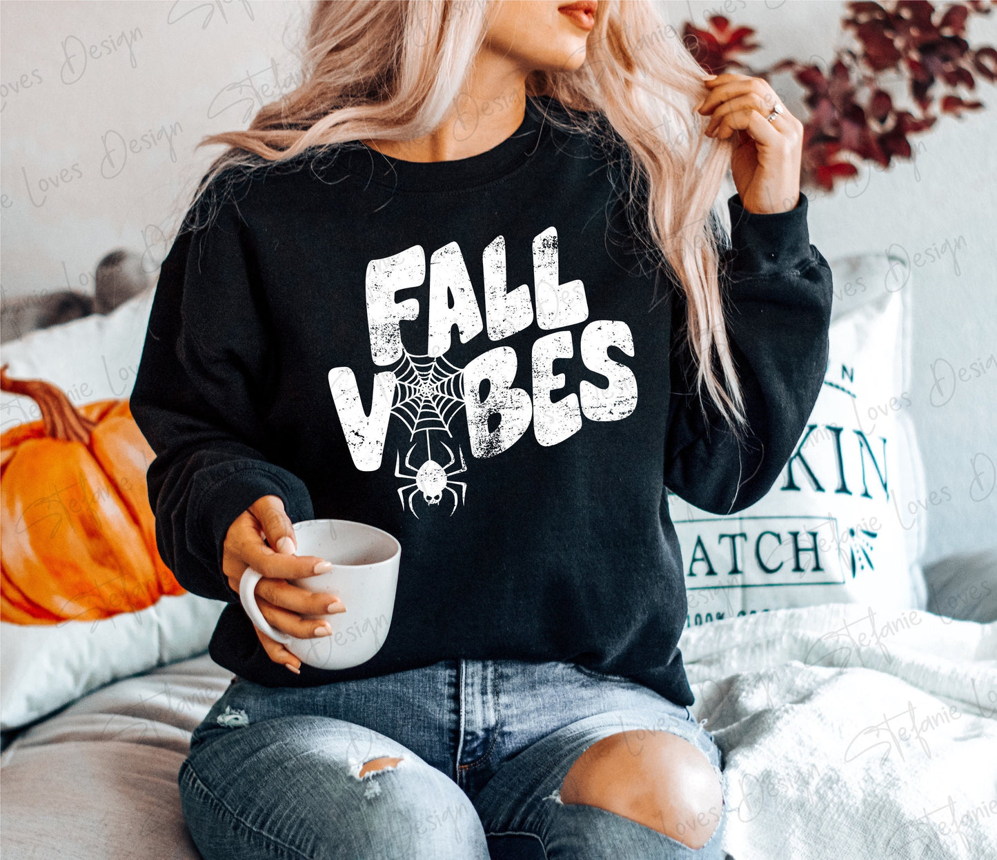 Fall Vibes Distressed with Spider Web PNG, Digital Download