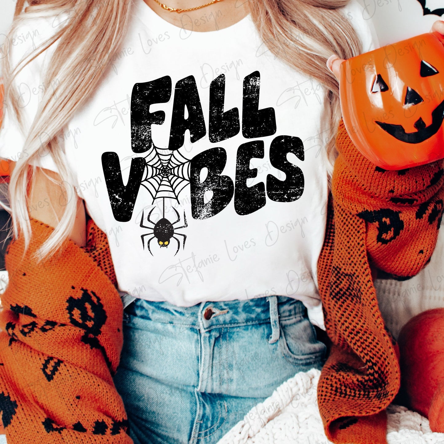 Fall Vibes Distressed with Spider Web PNG, Digital Download